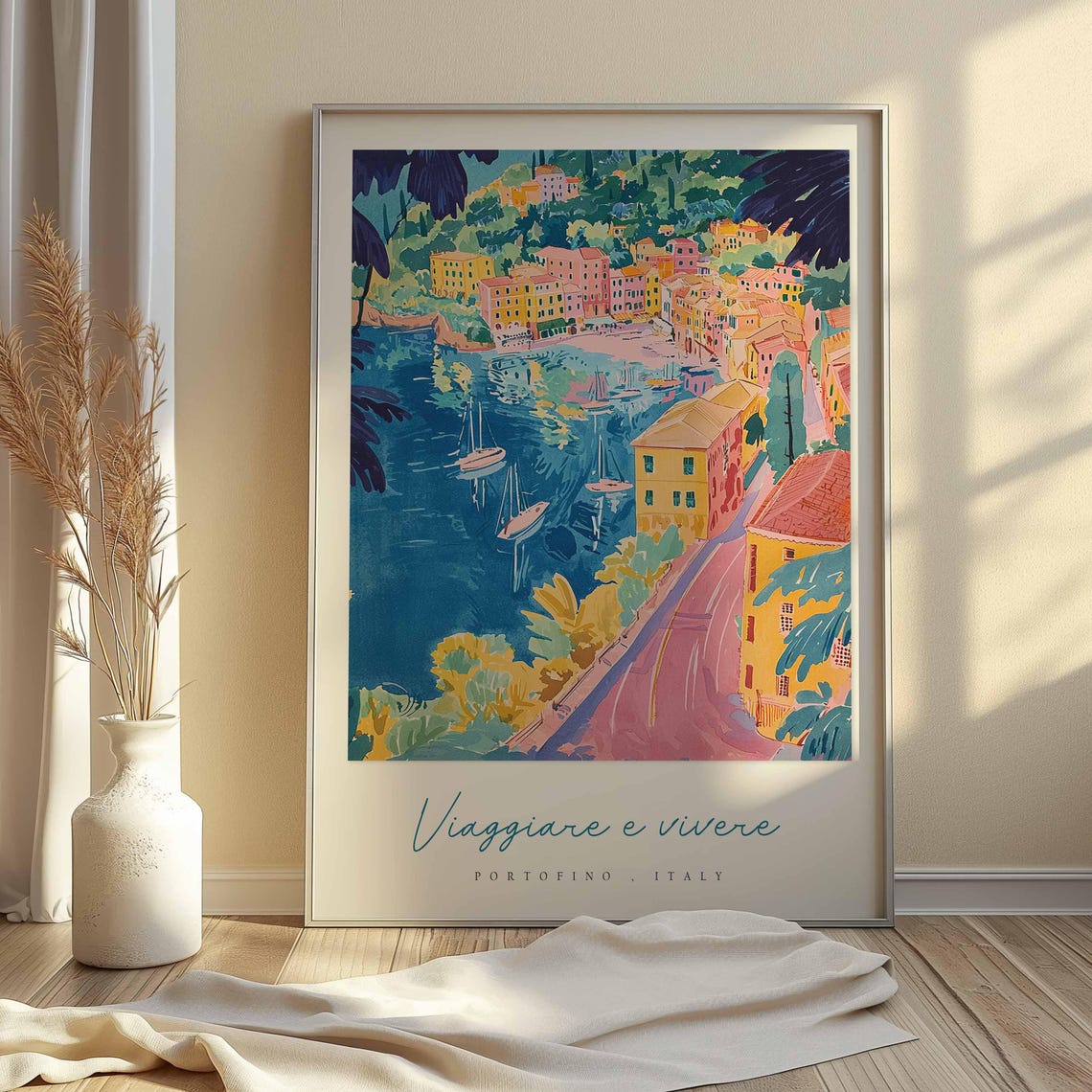 Portofino Italy Stylized Blue Bay Art Viaggiare E Vivere Travel Poster - Image 2