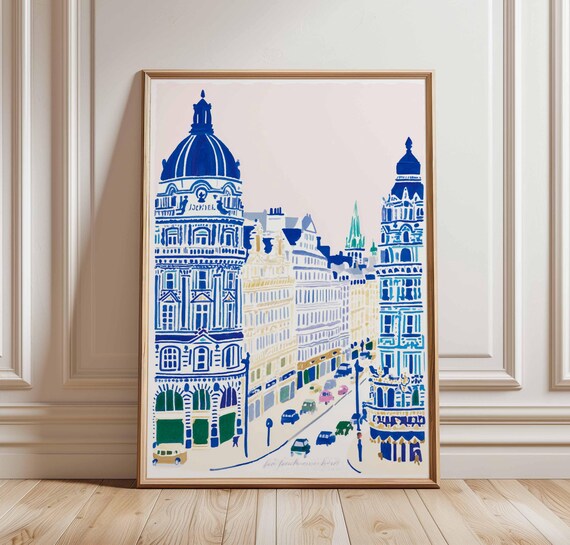 London City Street Blue Buildings Double Decker Bus Travel Poster