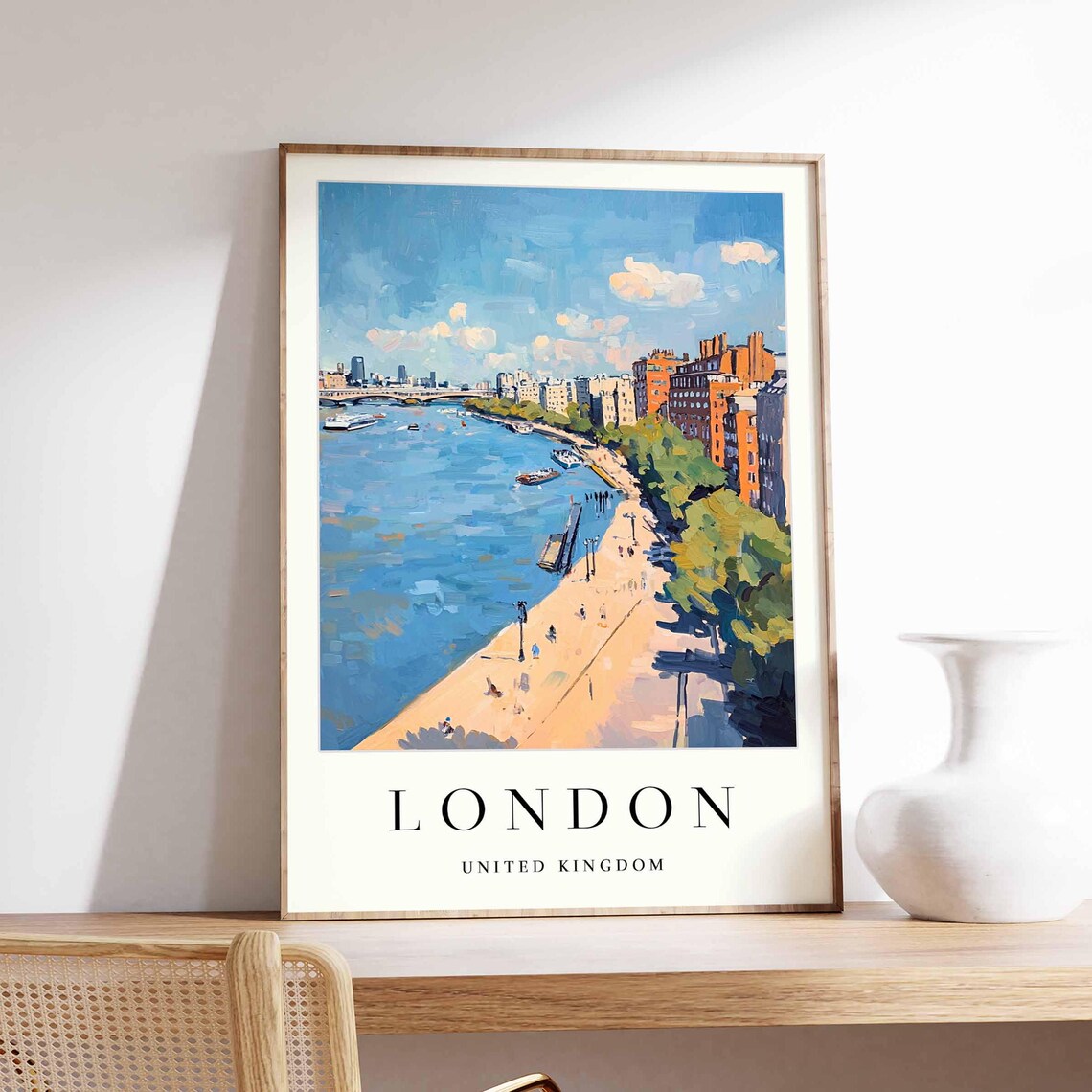 London Thames Riverside Embankment Boats Sunny Day Travel Poster