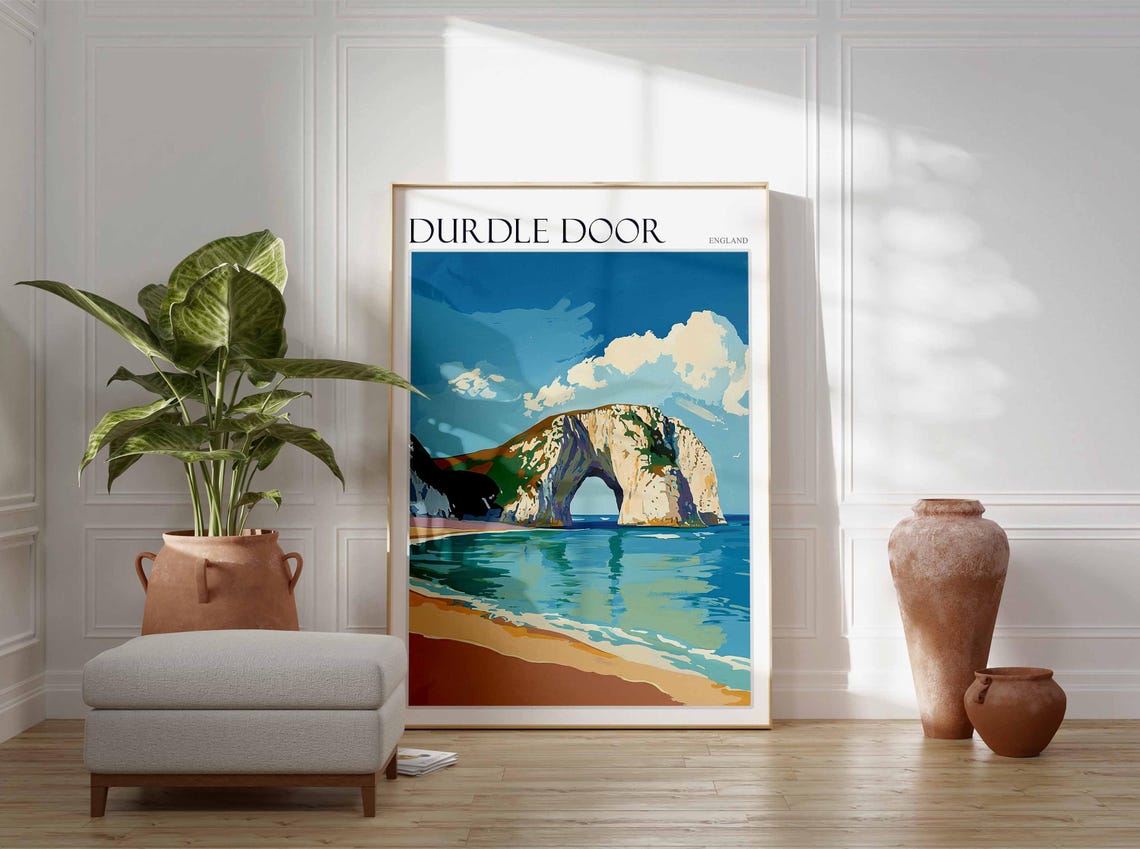 Durdle Door England Stone Arch Blue Sky Bold Illustration Poster - Image 3