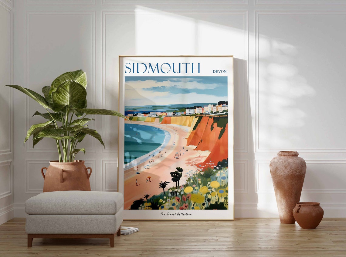 Sidmouth Devon Red Cliffs Curved Beach Flowers Travel Poster - Image 3