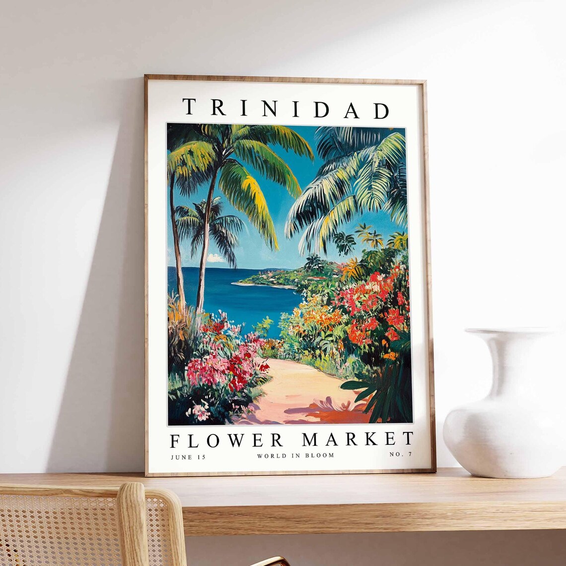 Trinidad Flower Market Red Roof Cliff Houses Above a Blue Bay Poster