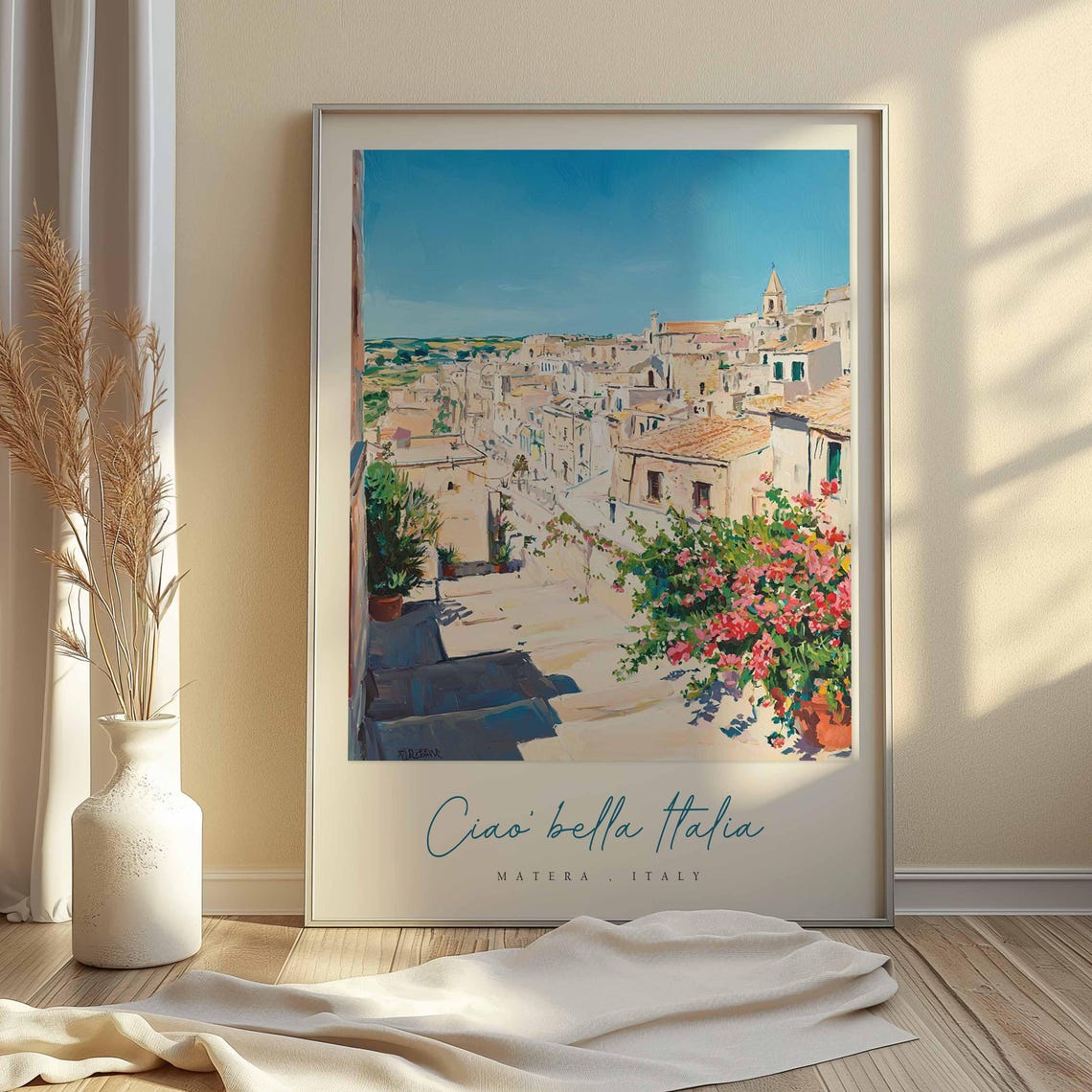 Matera Italy Sunlit Alley Bougainvillea Watercolor Travel Poster - Image 2