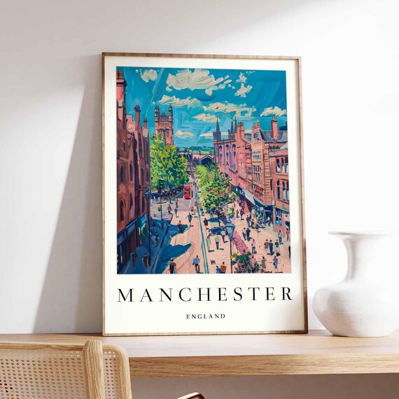 Manchester England Bustling Pedestrian Street Crowd Scene Poster