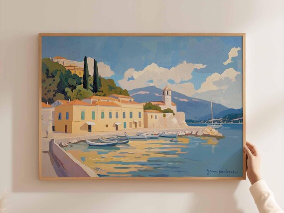 Corfu Greece Seaside Fishing Village Bell Tower Boat Scene Poster