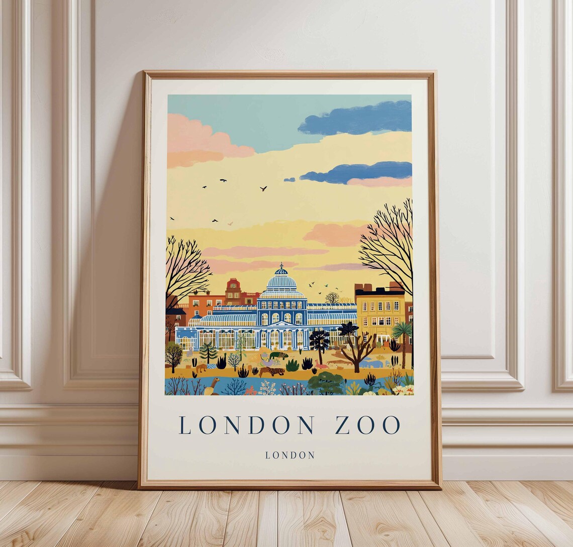 London Zoo Palm House Sunset Vintage Travel Poster British Wildlife Art