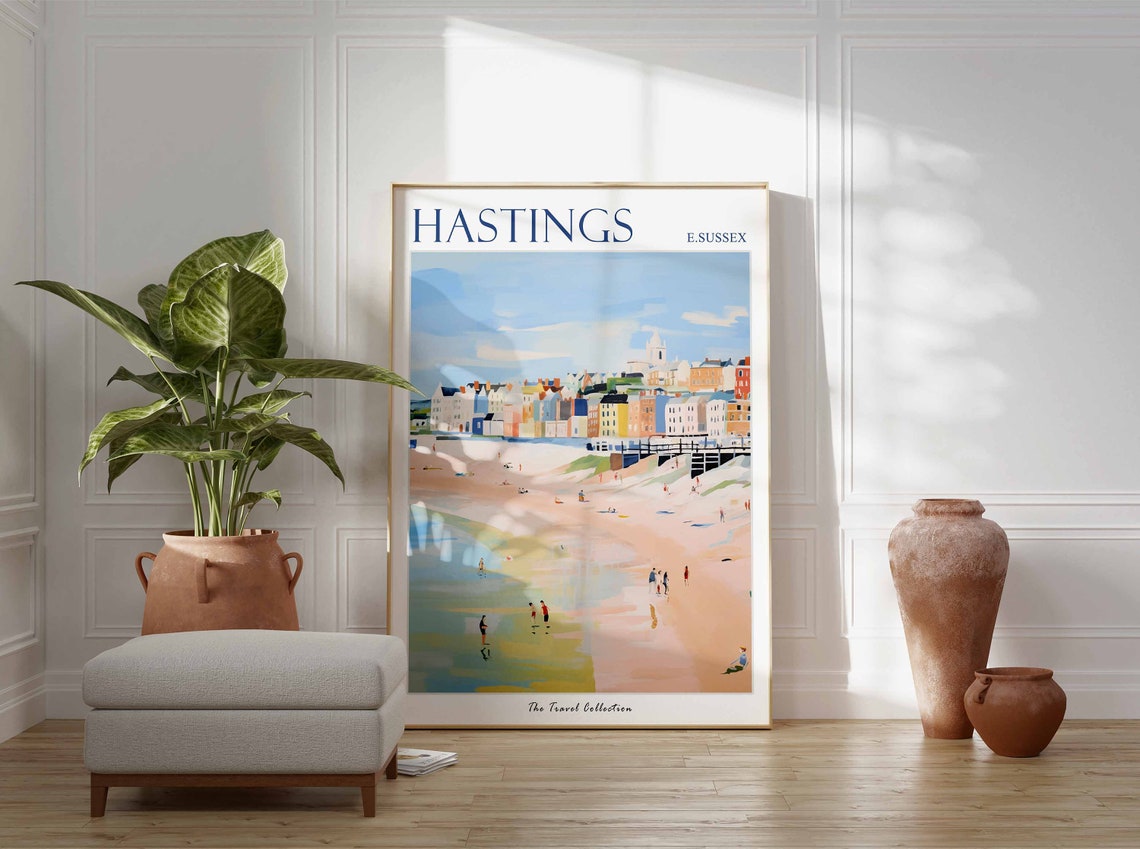 Hastings East Sussex Pastel Beach Walkers Peaceful Seaside Poster - Image 3