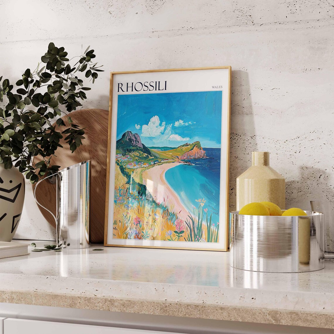 Rhossili Wales Sunlit Bay Headland Wildflower Hill Painting Poster - Image 3