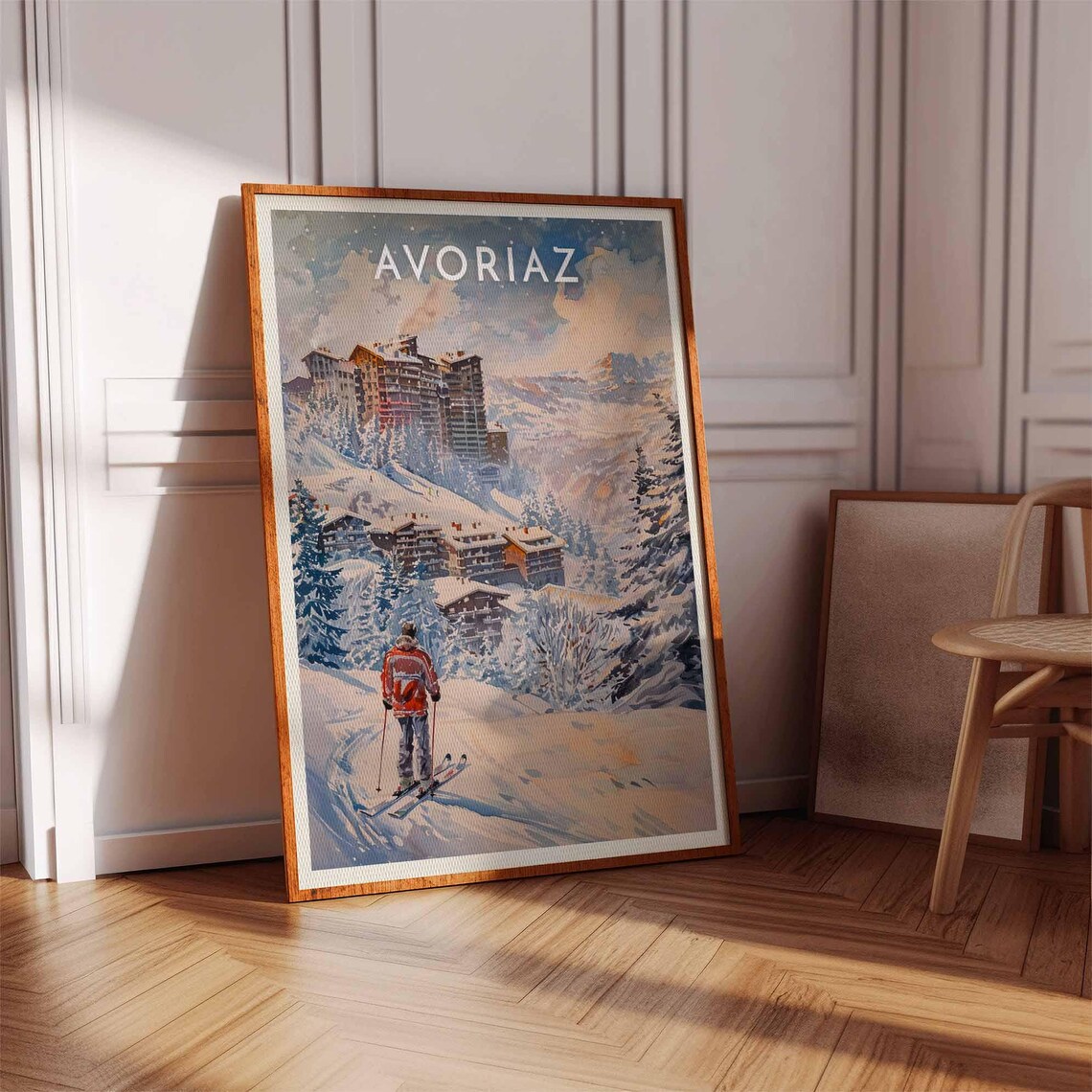 Avoriaz French Alps Red Jacket Skier Sunrise Mountain View Poster - Image 2