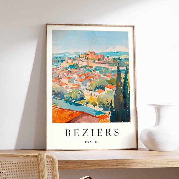 Beziers France Travel Art Aerial Old Town River Valley View Print