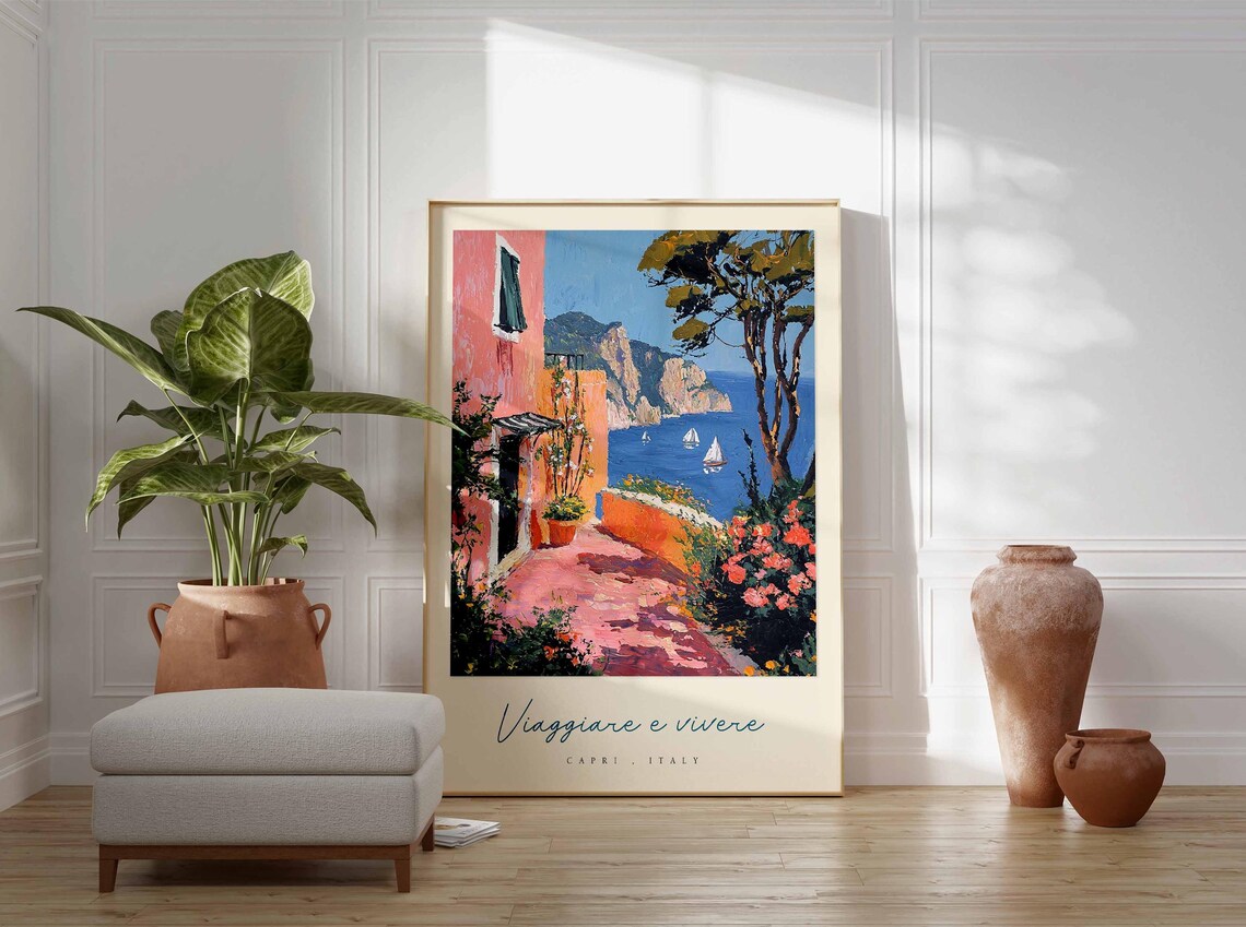 Viaggiare e Vivere Capri Italy Pink Villa Sailboats Sea Poster - Image 3