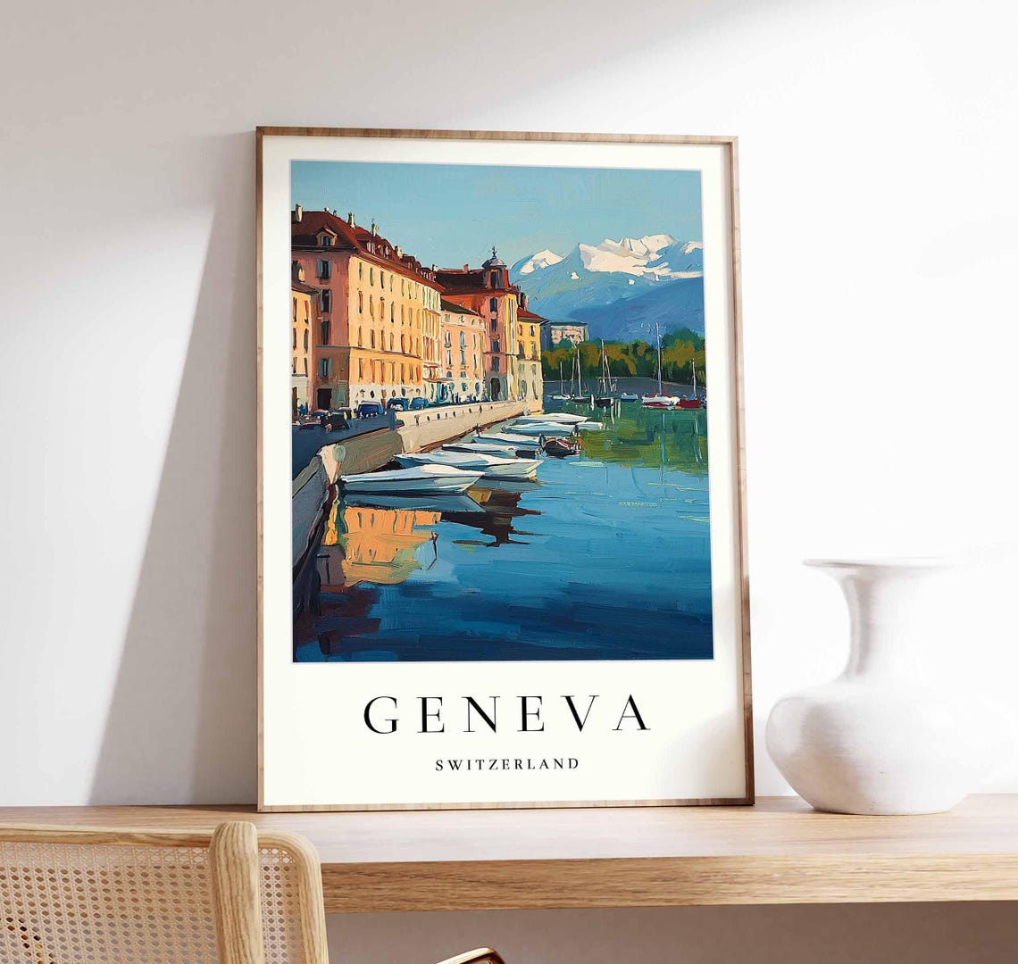 Geneva Switzerland Marina With Boats And Snowy Alps Art Poster