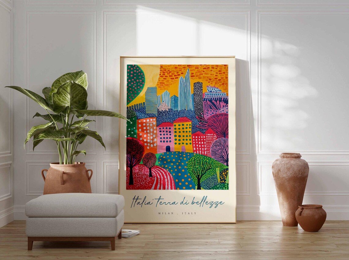 Milan Whimsical Abstract Colorful Skyline Folk Art Italy Travel Poster - Image 3