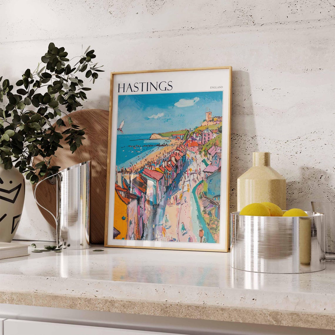 Hastings Impressionist Bustling Beach Colorful Old Town Seaside Poster - Image 2