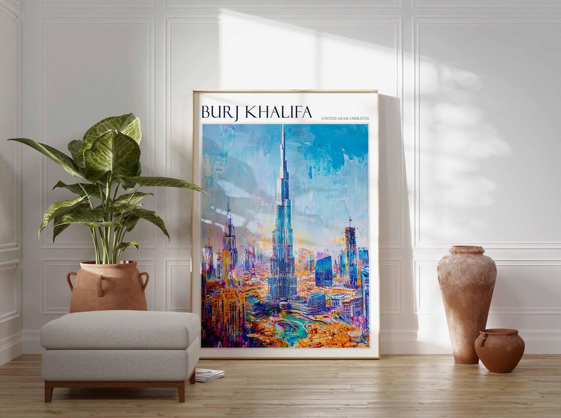 Burj Khalifa Dubai Aerial Cityscape Colorful Skyline Oil Poster - Image 2