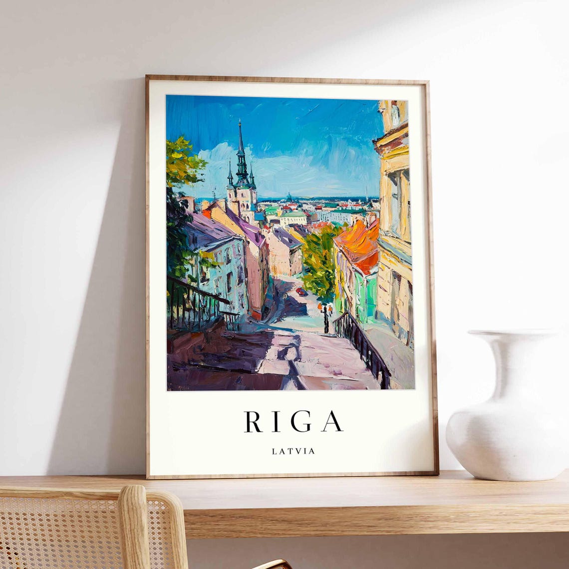 Riga Latvia Cobbled Street Descending To Spired Church Travel Poster