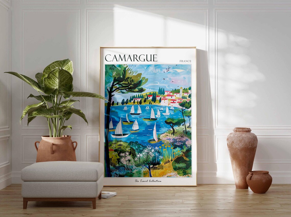 Camargue France White Sailboats On Blue Lagoon Travel Art Poster - Image 3