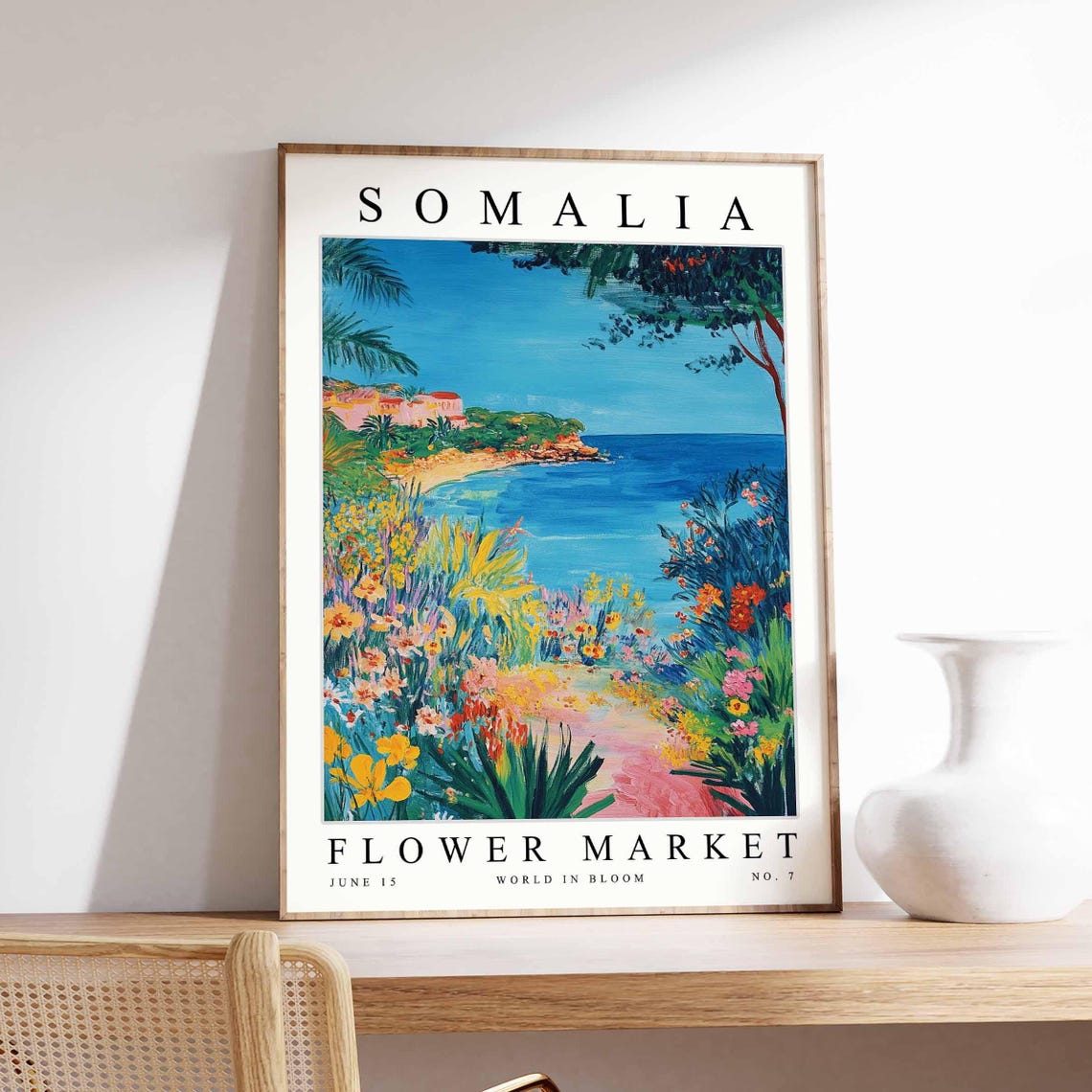 Somalia Coastal Hillside Town Wildflower Sea View Art Poster