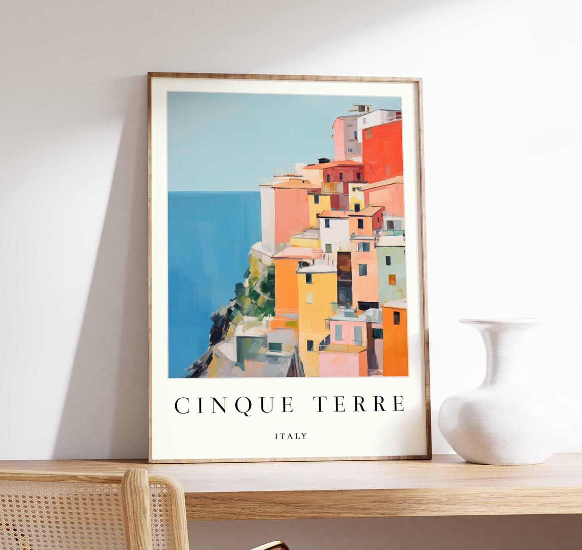 Cinque Terre Tall Colorful Houses Above Deep Blue Sea Poster