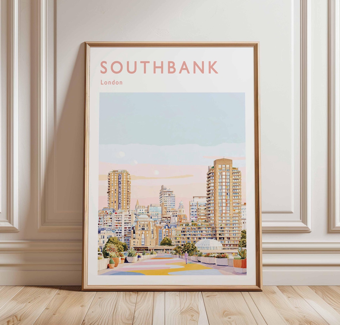 Southbank London Thames Terrace City Skyline Pastel Travel Poster