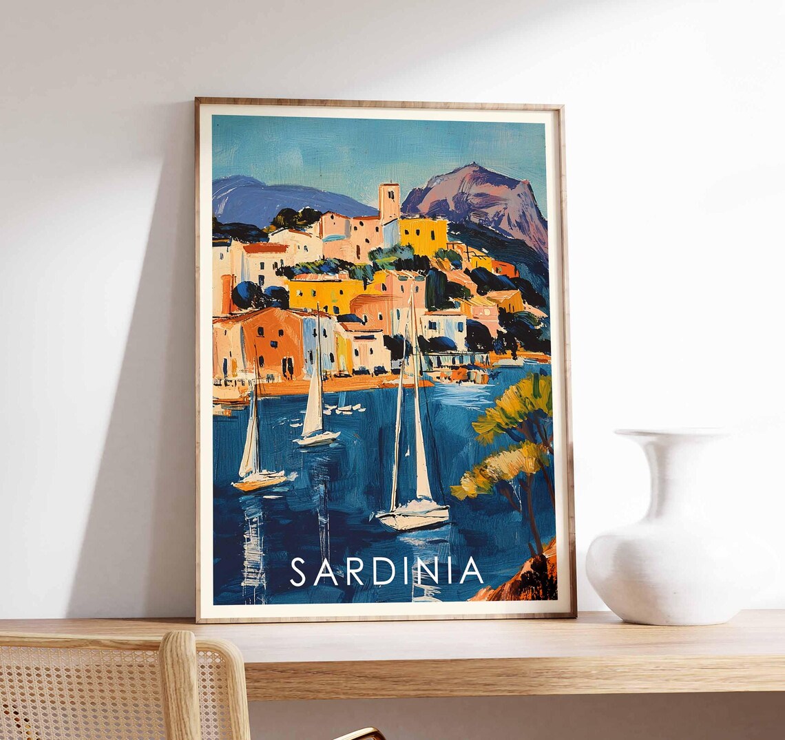Sardinia Italy Harbor Sailboats Old Town Mountain View Poster