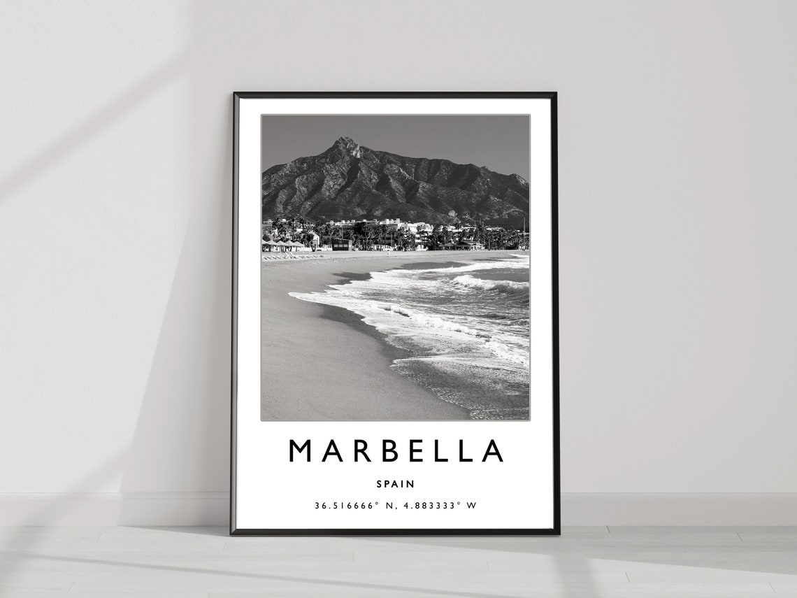 Marbella Spain Black and White Beach Photography Coordinates Poster - Image 3