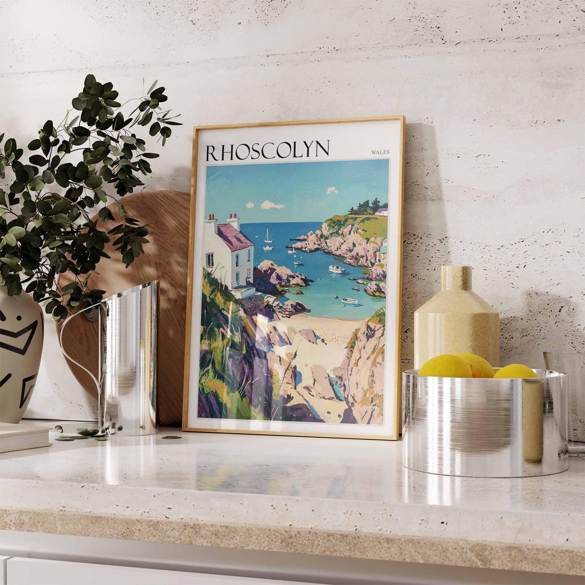Rhoscolyn Wales Cottage Above Rocky Bay With Boats Art Poster - Image 3