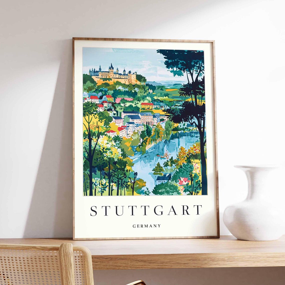 Stuttgart Germany Hilltop Palace Valley Panorama Travel Poster