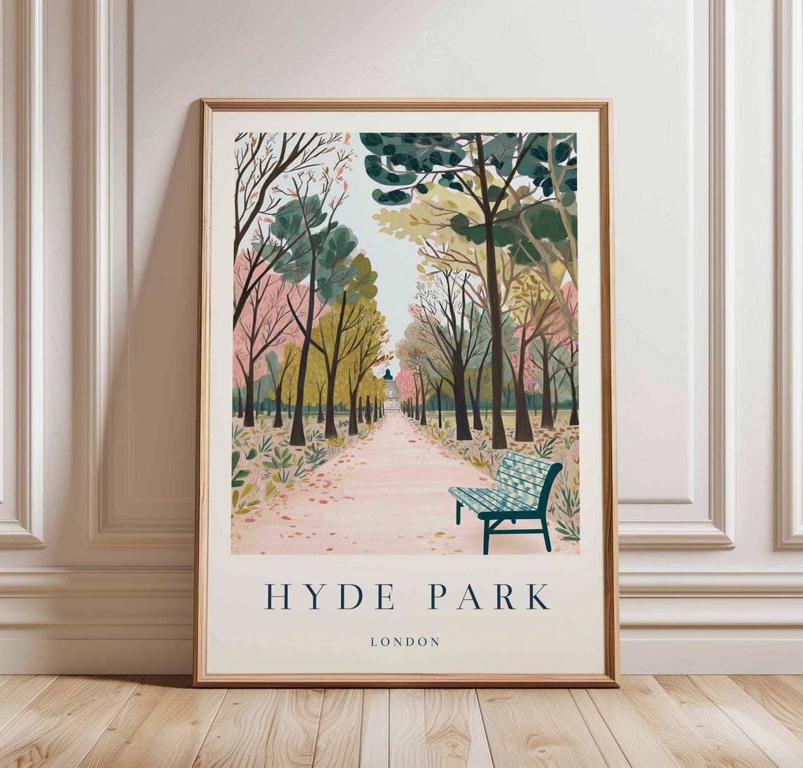 Hyde Park London Autumn Tree Avenue Park Bench Vintage Poster