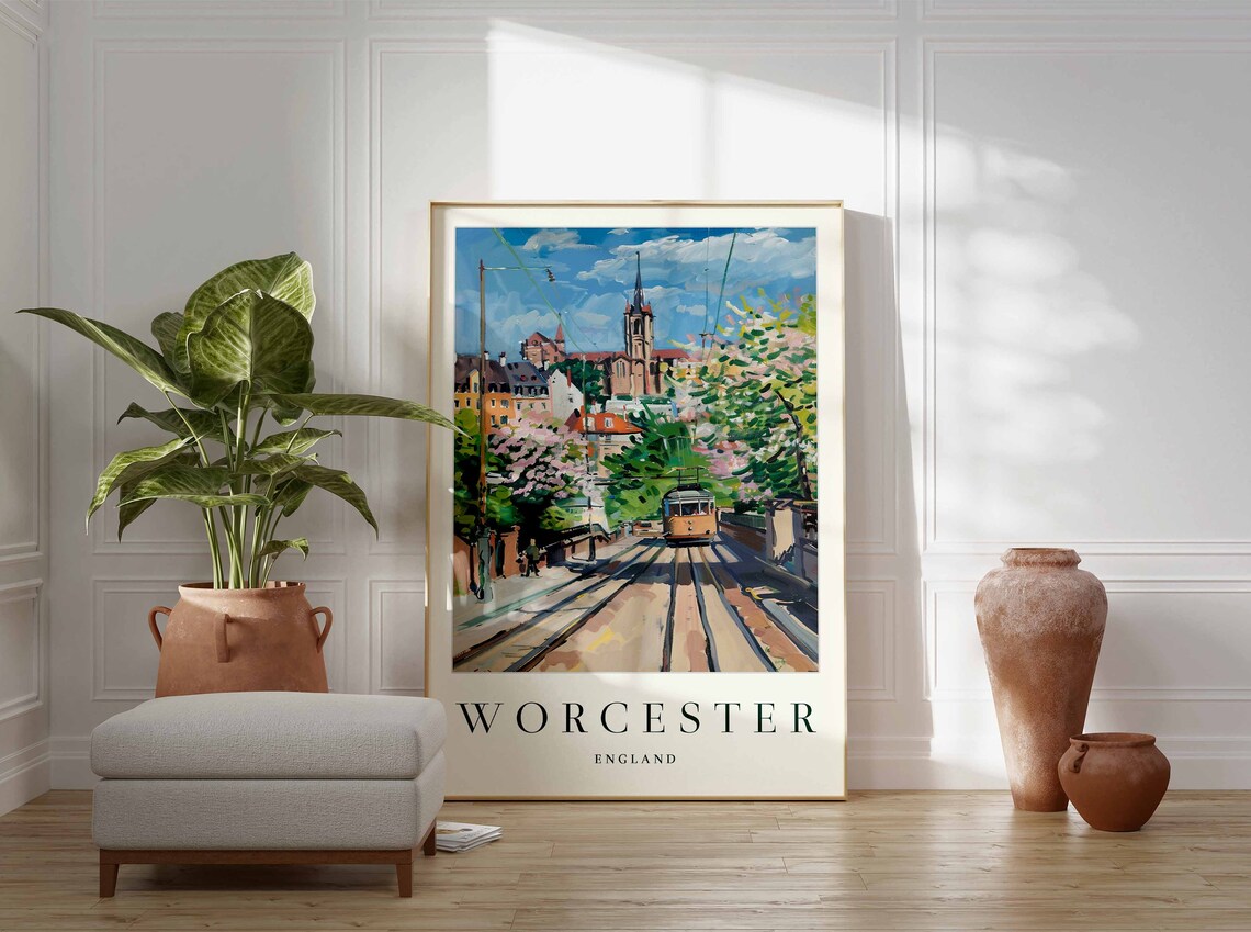 Worcester England Travel Poster Tram Tracks Hill Church Blossom Scene - Image 3