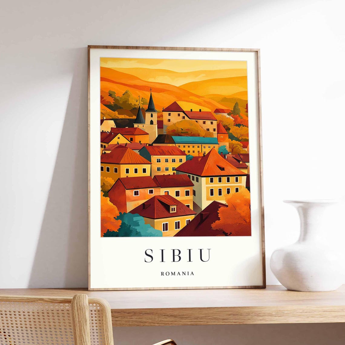 Sibiu Romania Autumn Rooftops Golden Hills Twin Spires Poster