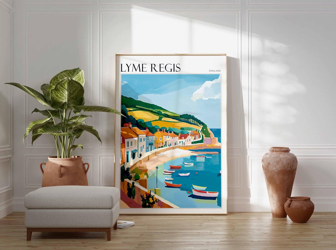 Lyme Regis England Bay Boats Green Hills Seaside Town Poster - Image 3