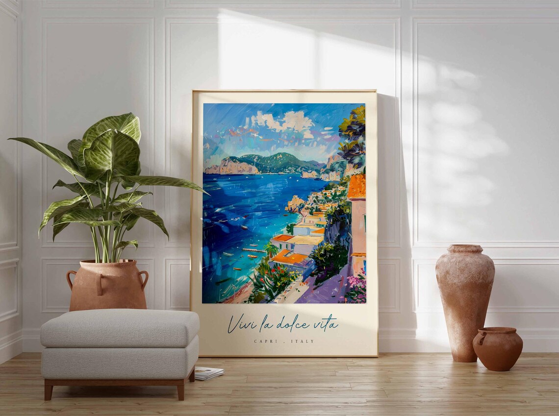 Vivi la Dolce Vita Capri Italy Cliffside Town Boats Sea Poster - Image 3