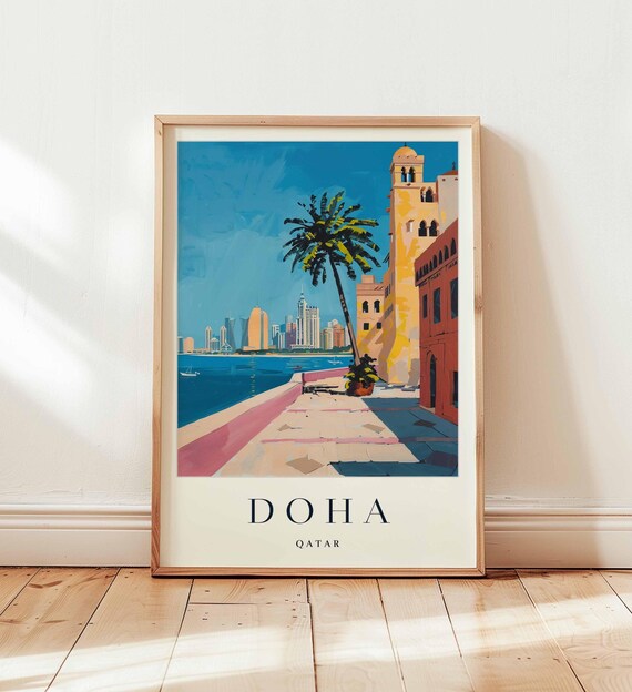 Doha Qatar Corniche Promenade Skyline Seaside Vintage Poster