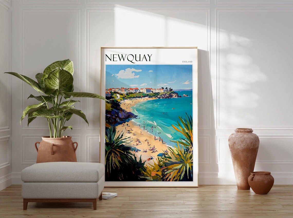 Newquay England Beach Palm Plants Headland Town Scene Poster - Image 3