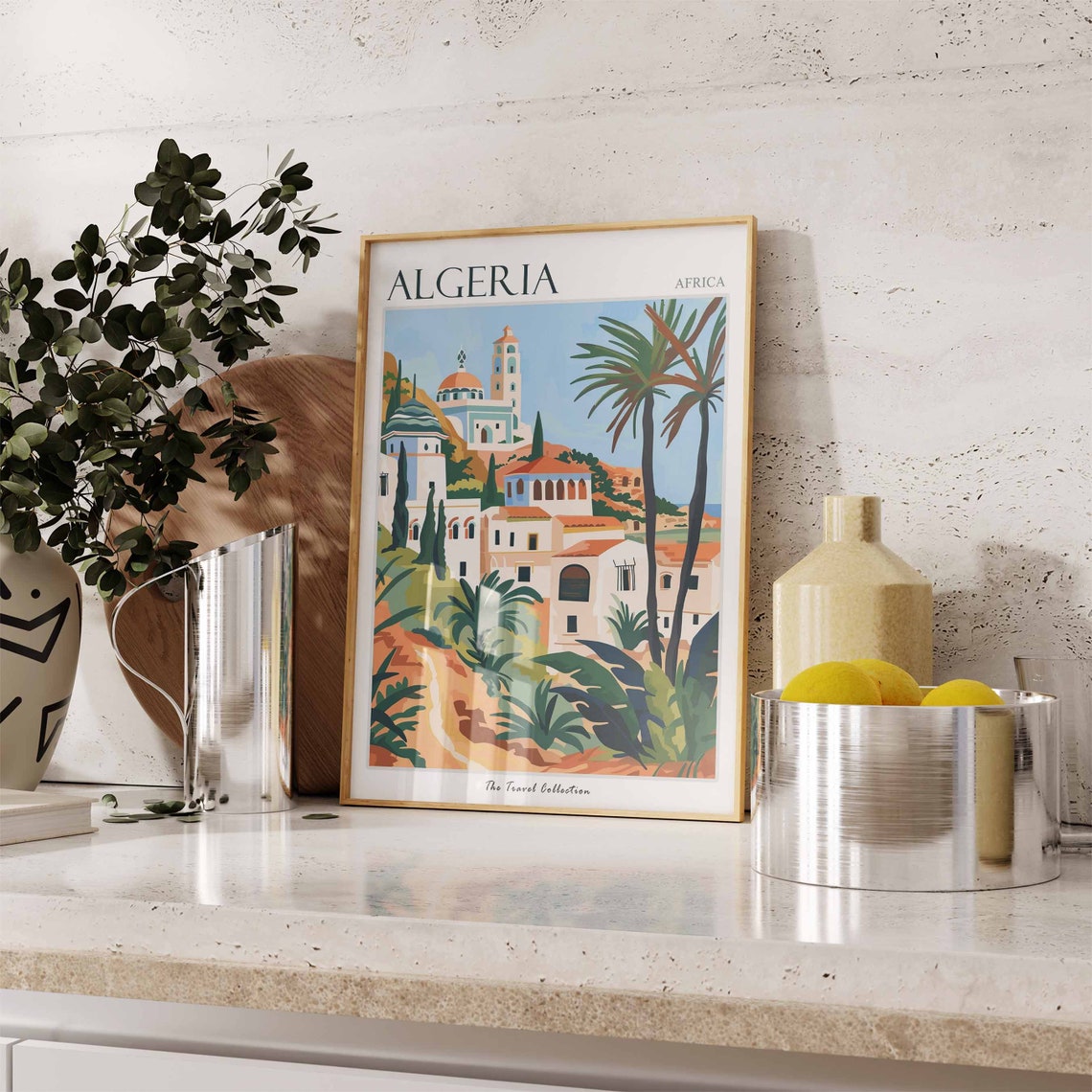 Algeria Africa Whitewashed Mosque Town Palm Tree Travel Poster - Image 3