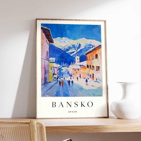 Bansko Spain Vintage Snowy Mountain Street Ski Resort Travel Poster