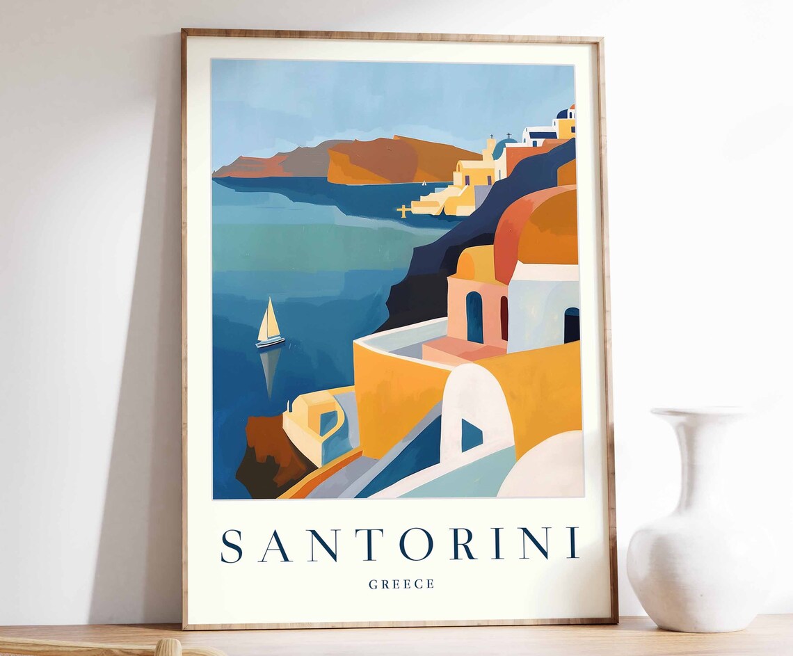Santorini Greece Cliffside White Houses Aegean Sea Sailboat Poster