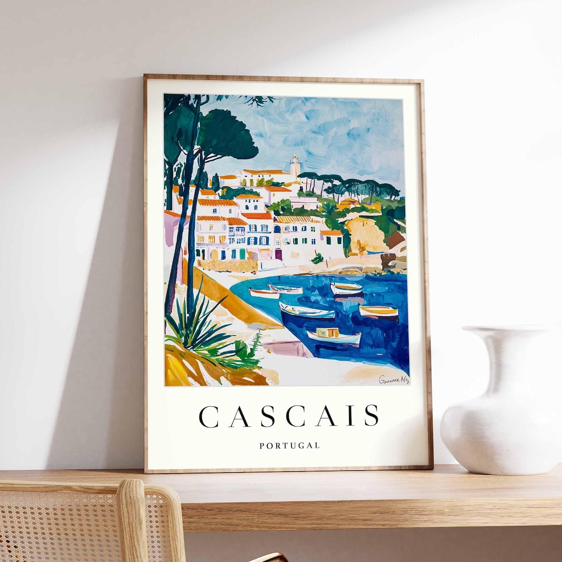 Cascais Portugal Harbor Fishing Boats White Houses Painterly Poster
