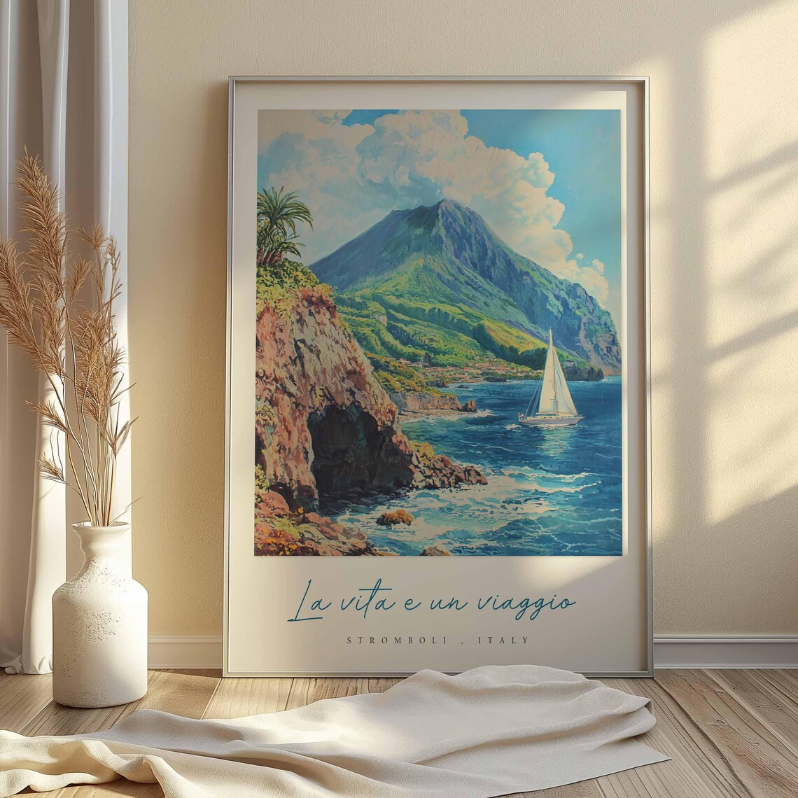 Stromboli Italy Volcano Coast Painting Sailboat Sea Cave Poster - Image 2