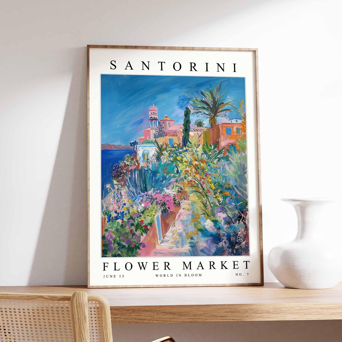 Santorini Flower Market Village Bell Tower Palm Painted Garden Poster