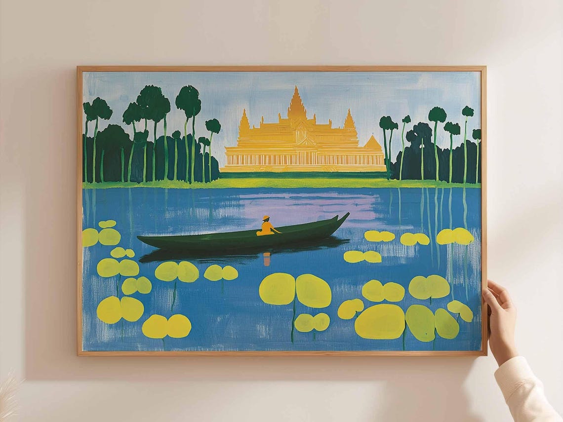 Cambodia Lotus Pond Boat Boy Golden Temple Bold Flat Art Poster