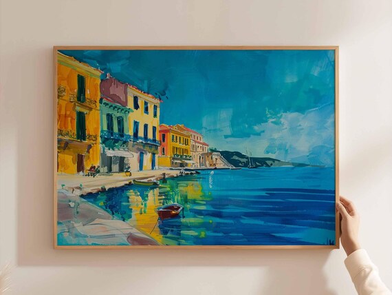 Corfu Greece Old Harbor Waterfront Buildings Rowboat Painting Poster