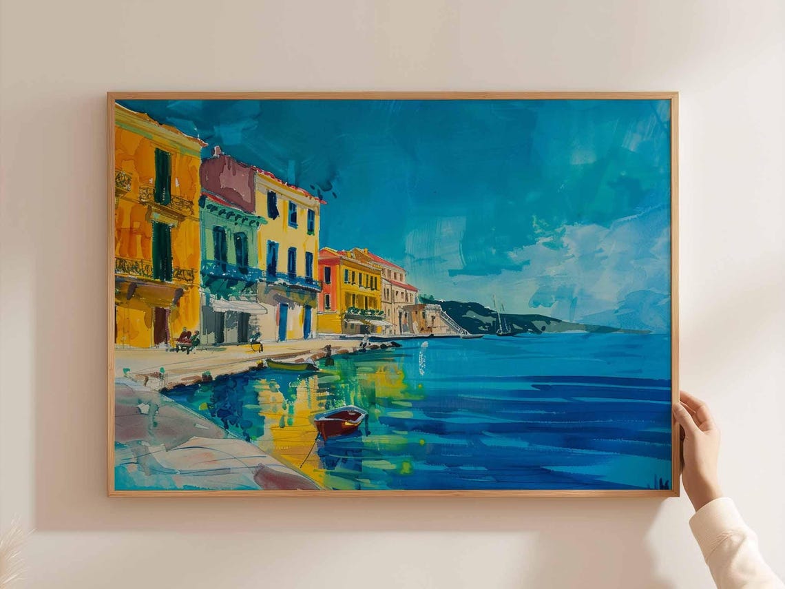 Corfu Greece Old Harbor Waterfront Buildings Rowboat Painting Poster