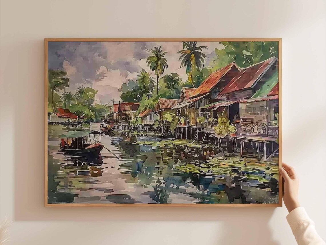 Cambodia Stilt Village Boats Lily Pads Watercolor Painting Poster