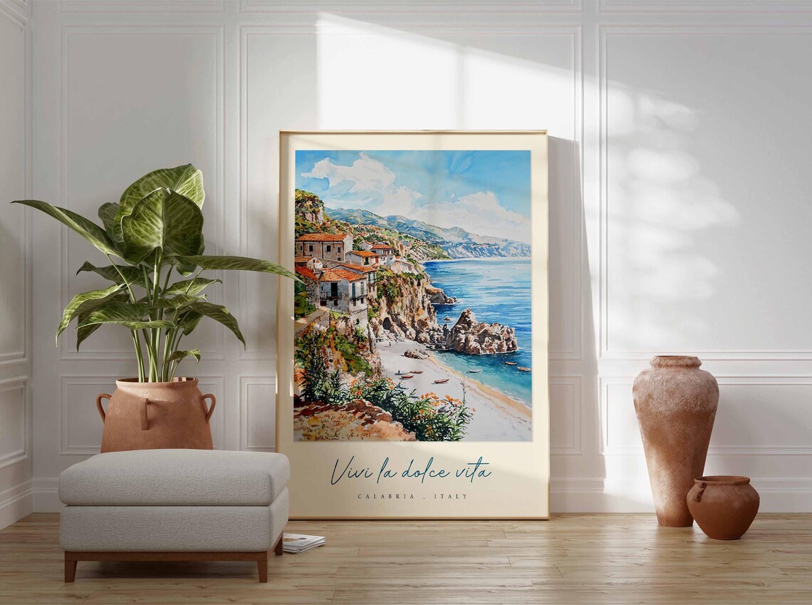 Vivi la Dolce Vita Calabria Italy Watercolor Cliff Beach Poster - Image 3