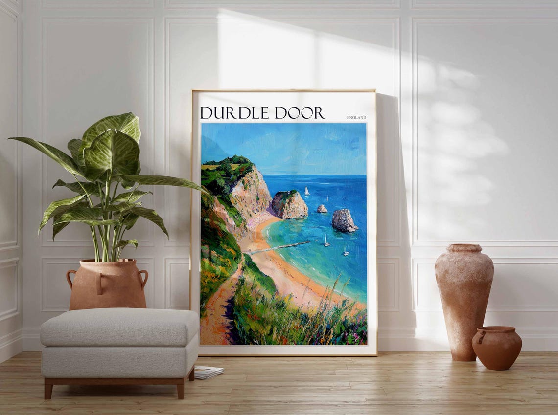 Durdle Door England Sea Stacks Sailboats Beach Path Painting Poster - Image 3