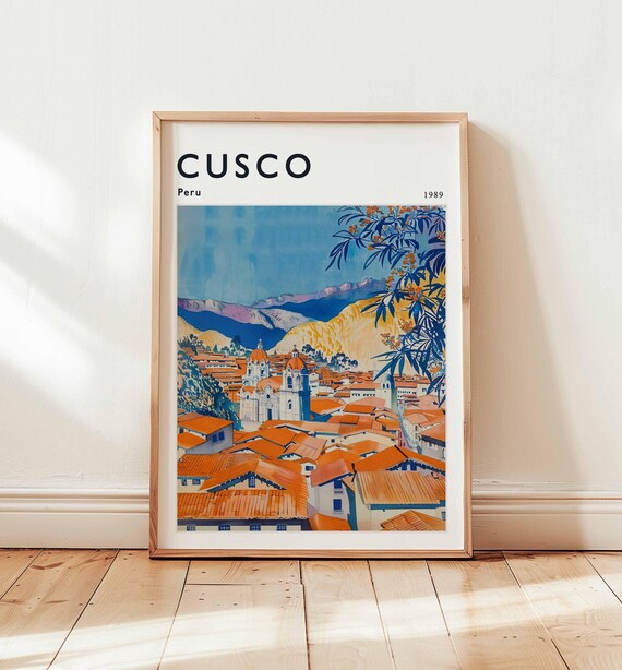 Cusco Peru Travel Poster 1989 Cathedral and Orange Rooftops City View