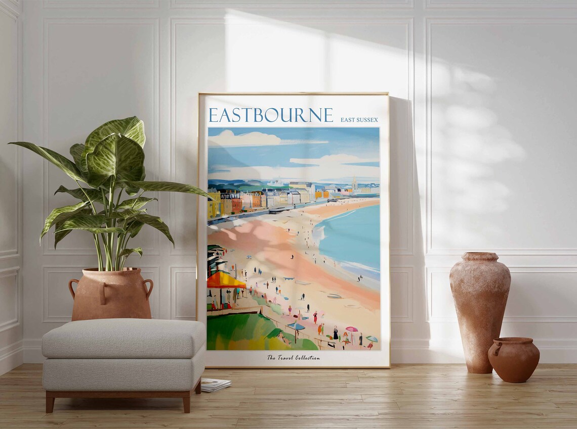 Eastbourne East Sussex Curving Pink Beach With Town Travel Poster - Image 3