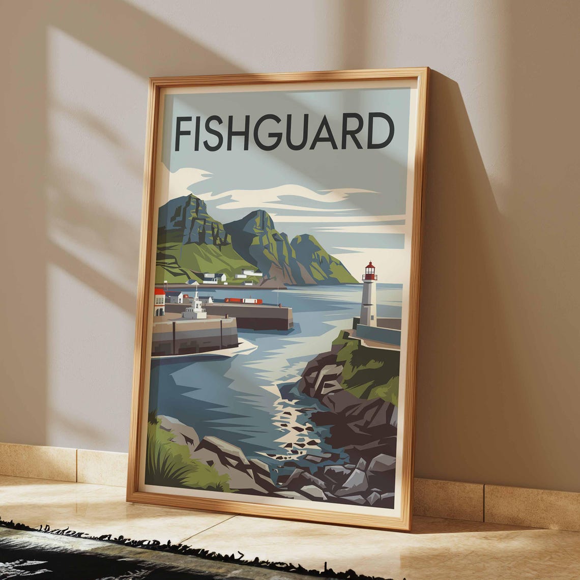 Fishguard Harbour Lighthouse and Mountain Bay Illustration Poster - Image 2